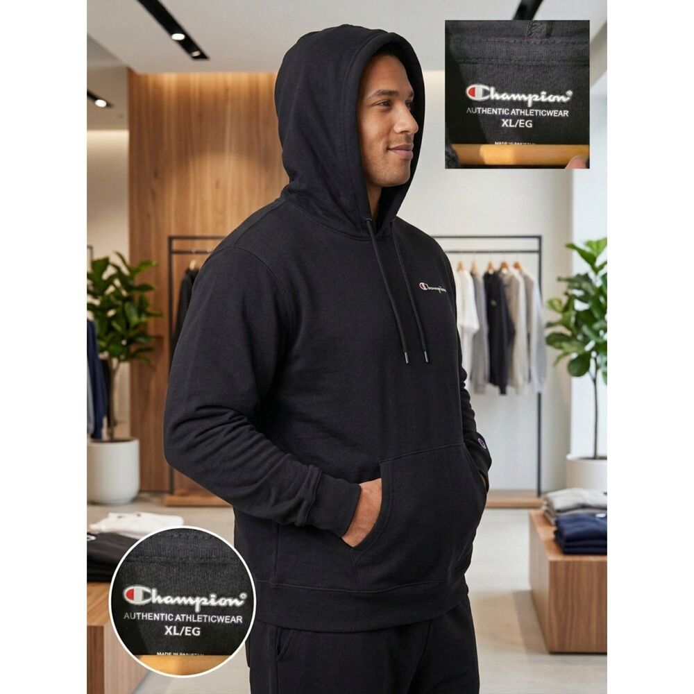 Champion Lightweight Black Script Logo Hoodie Men's XL, Unisex Sweatshirt